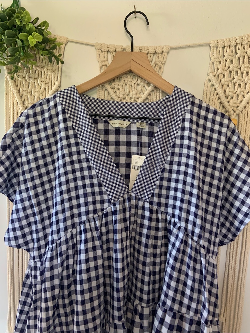 ANTHROPOLOGIE Gingham V Neck Swing Dress Blue White Size Medium - Picture 4 of 13